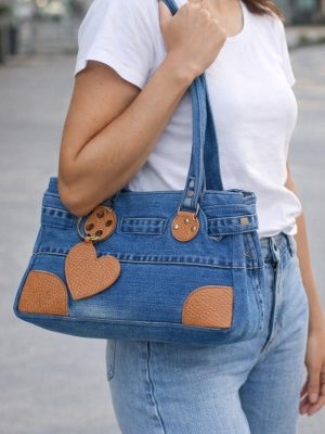 Denim Heart Charm Shoulder Bag