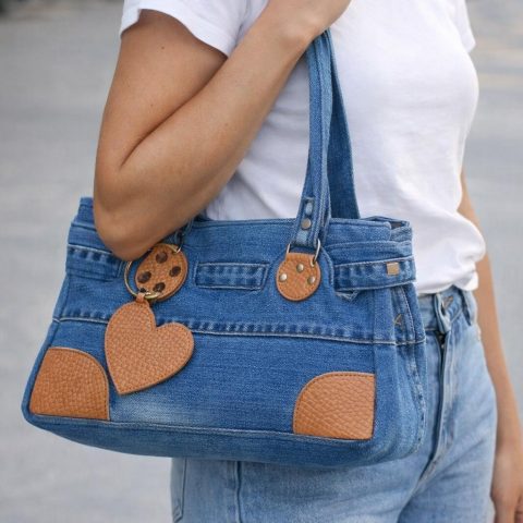Denim Heart Charm Shoulder Bag