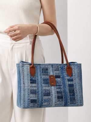 Striped Patchwork Denim Tote Bag