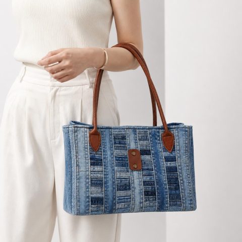 Striped Patchwork Denim Tote Bag