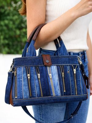 Zipper Denim Tote Bag