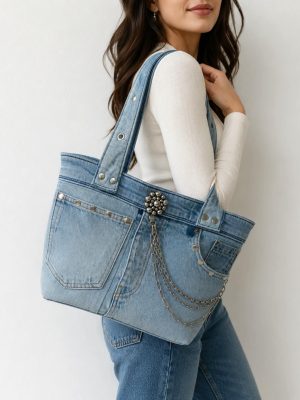 Denim Chain Pocket Tote Bag