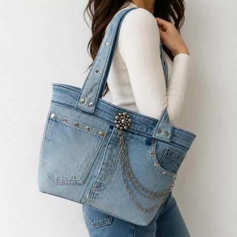 Denim Chain Pocket Tote Bag