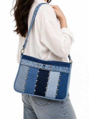Studded Denim Shoulder Bag
