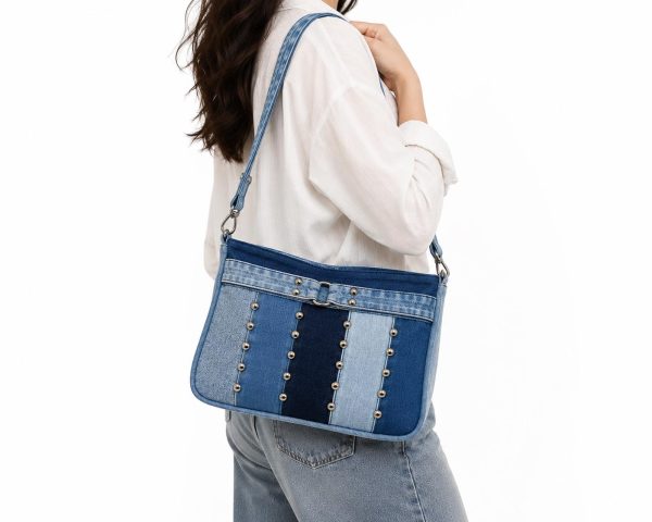 Studded Denim Shoulder Bag
