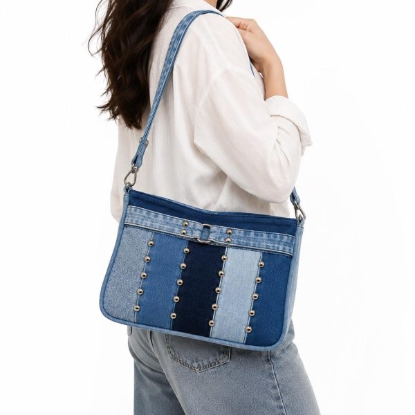 Studded Denim Shoulder Bag