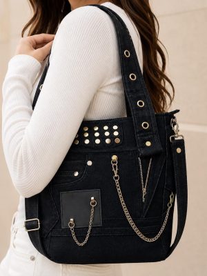 Black Studded Denim Shoulder Bag