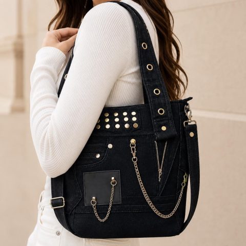 Black Studded Denim Shoulder Bag