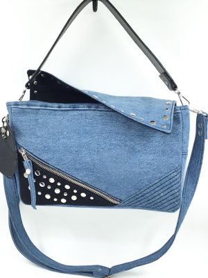 Studded denim shoulder bag