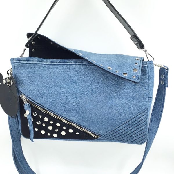 Studded denim shoulder bag