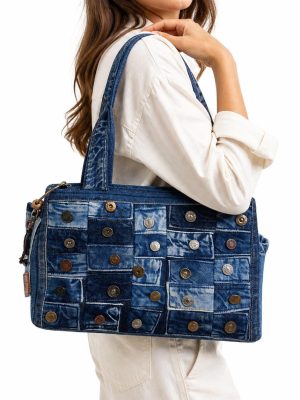 Button Patchwork Denim Tote Bag