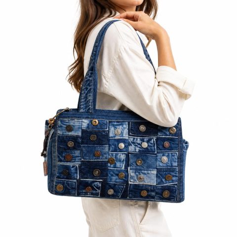 Button Patchwork Denim Tote Bag