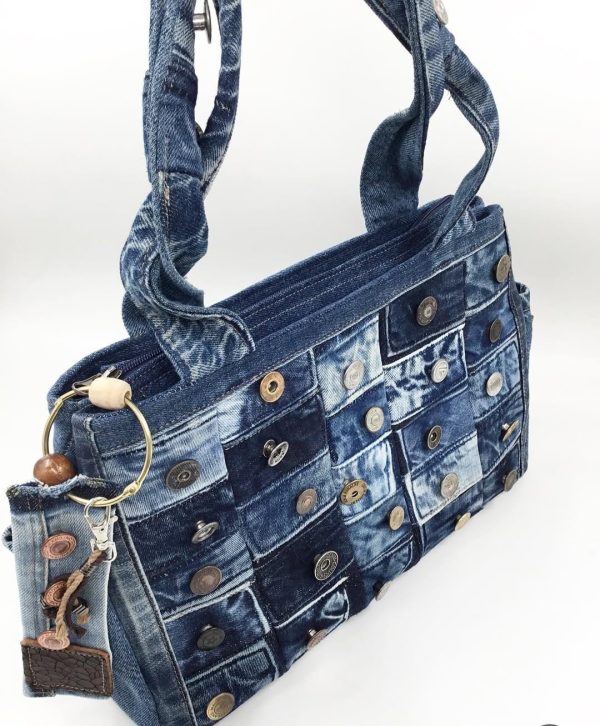 Button Patchwork Denim Tote Bag