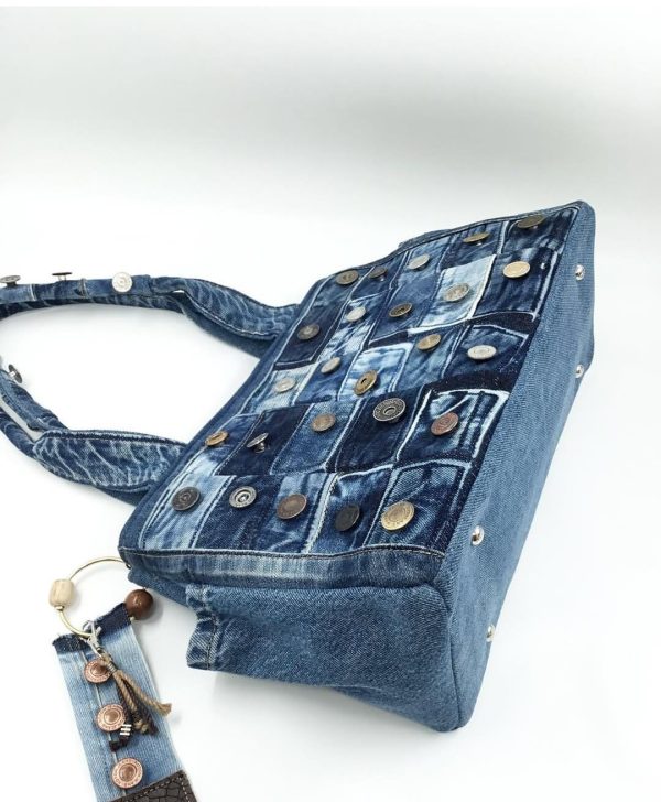 Button Patchwork Denim Tote Bag